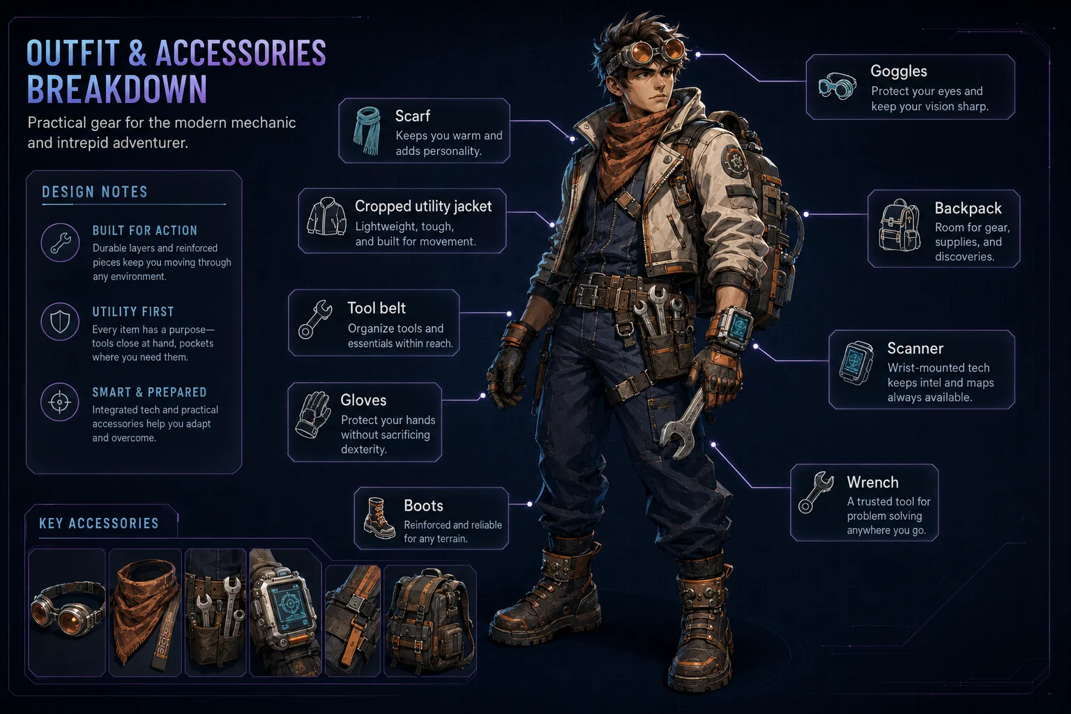 Outfit anchors and key accessories give the character details that can repeat across future views