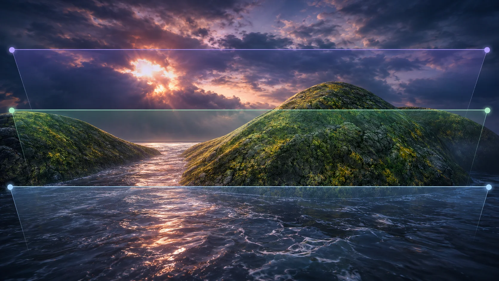 A strong remaster starts by understanding the image layers: water leads the eye, the rocky island holds the subject, and the sky defines the mood.