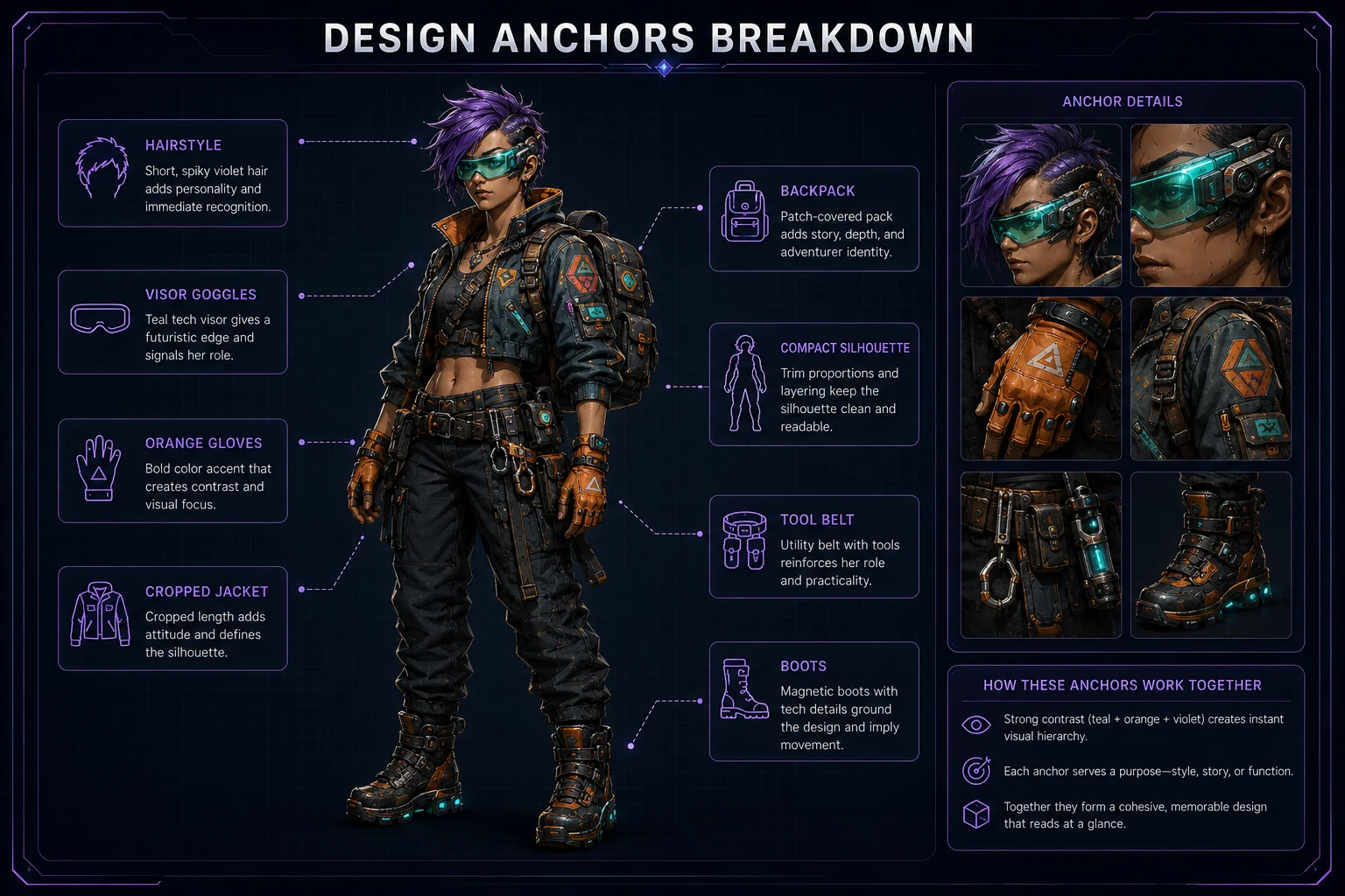 Design anchors are the details that make the character recognizable in future images. Design anchors are the details that make the character recognizable in future images.