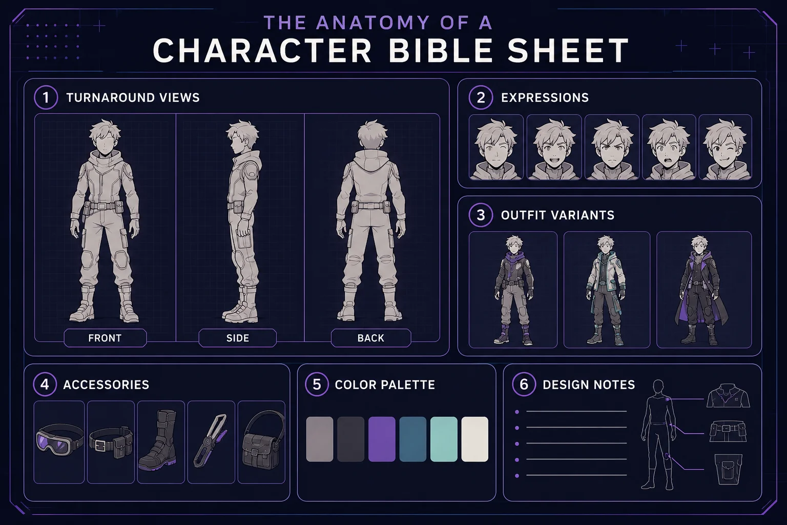 Each section has a purpose: views show structure, expressions show personality, and notes keep the design reusable. Each section has a purpose: views show structure, expressions show personality, and notes keep the design reusable.