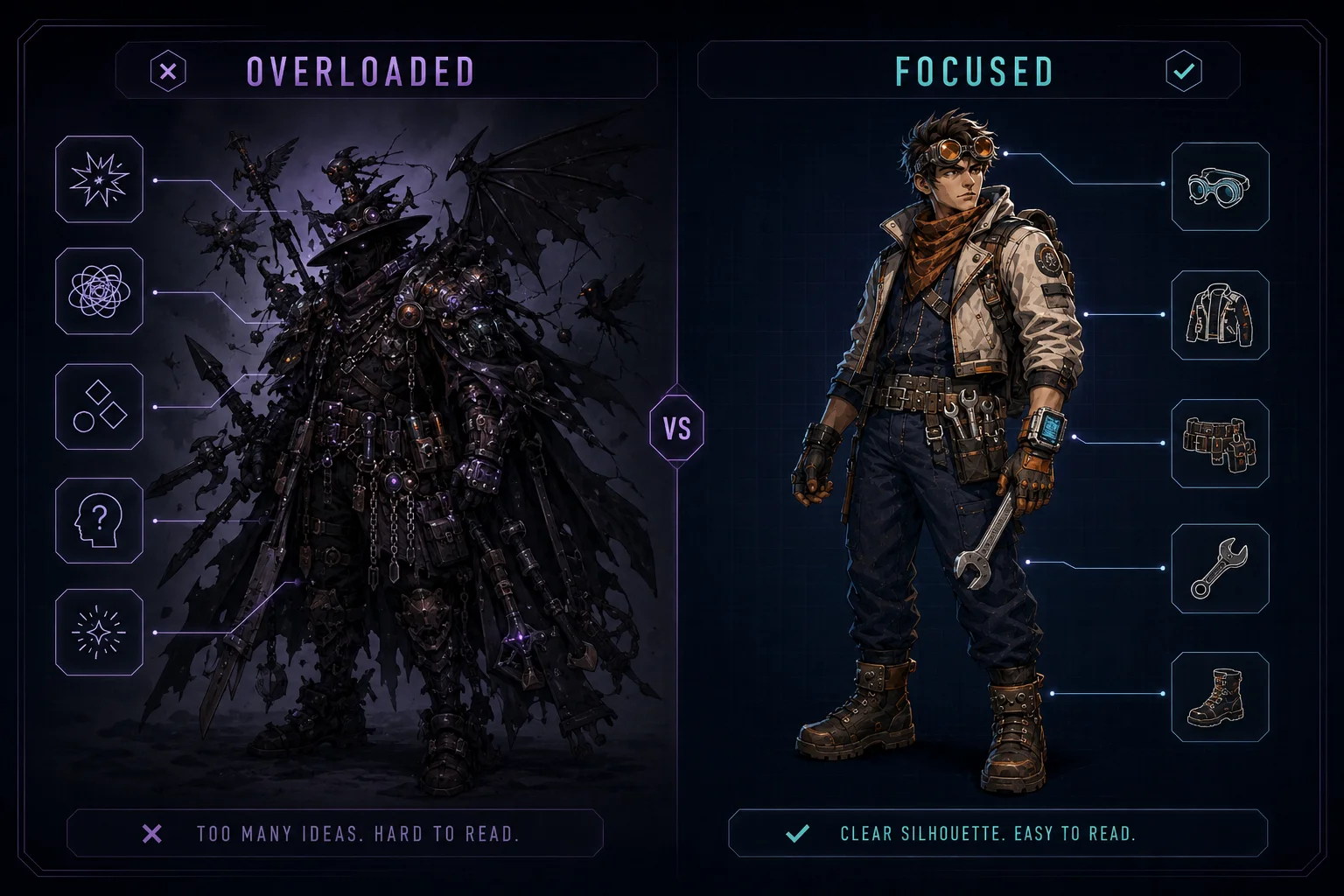 Simple, focused character concepts are easier to repeat across multiple views