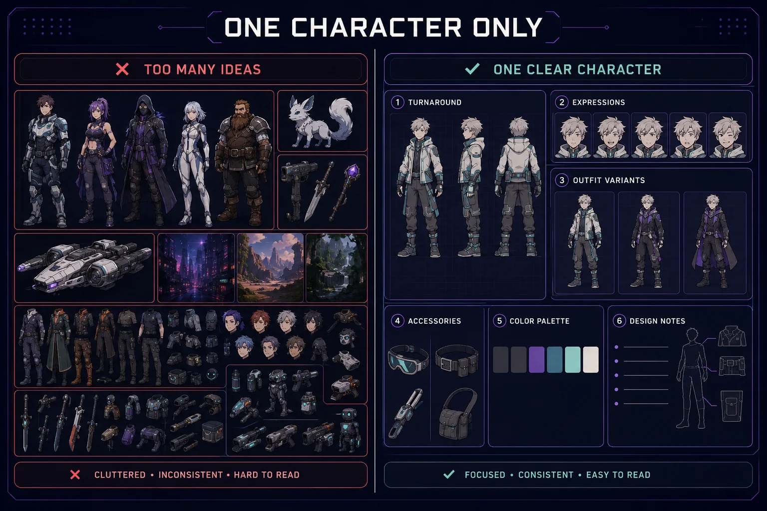 One character per sheet gives the AI a better chance to keep the face, outfit, silhouette, and colors consistent. One character per sheet gives the AI a better chance to keep the face, outfit, silhouette, and colors consistent.