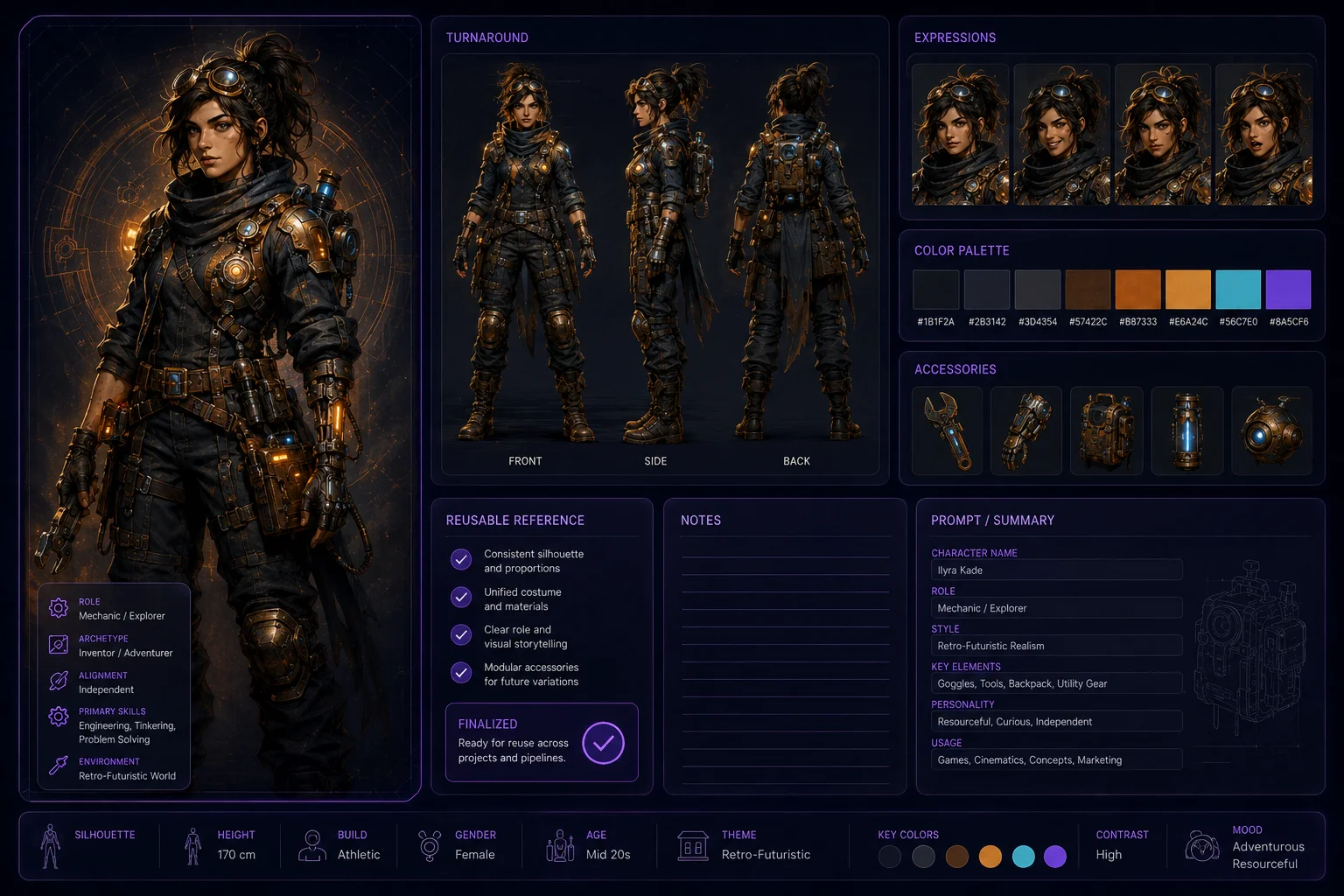 A finalized character sheet becomes a reusable reference system, not just one finished image. A finalized character sheet becomes a reusable reference system, not just one finished image.