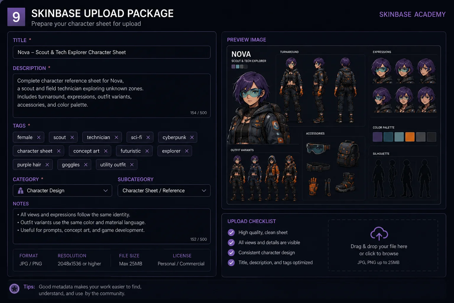Upload-ready metadata helps the finished character sheet become discoverable and useful on Skinbase. Upload-ready metadata helps the finished character sheet become discoverable and useful on Skinbase.