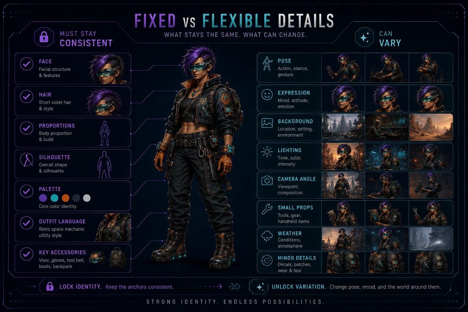 Good reuse keeps identity anchors fixed while allowing pose, mood, and scene details to change. Good reuse keeps identity anchors fixed while allowing pose, mood, and scene details to change.