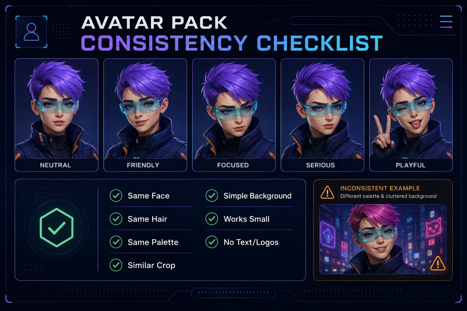 A strong avatar pack feels unified even when the expressions and moods are different.