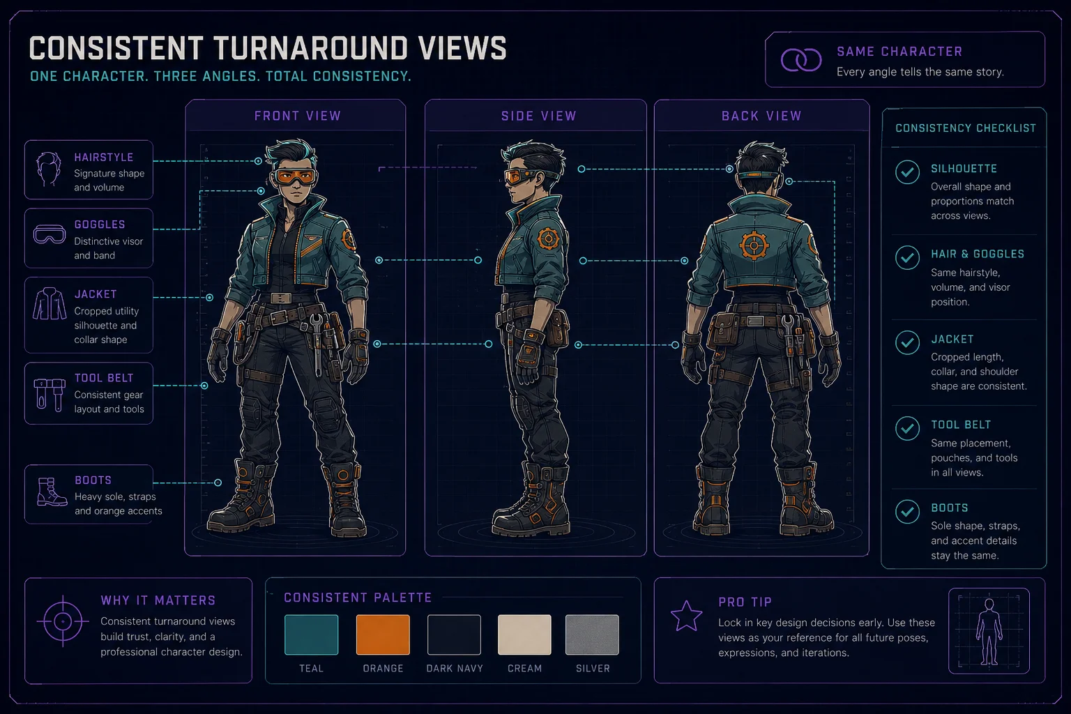 Front, side, and back views should feel like the same character, not three separate designs. Front, side, and back views should feel like the same character, not three separate designs.