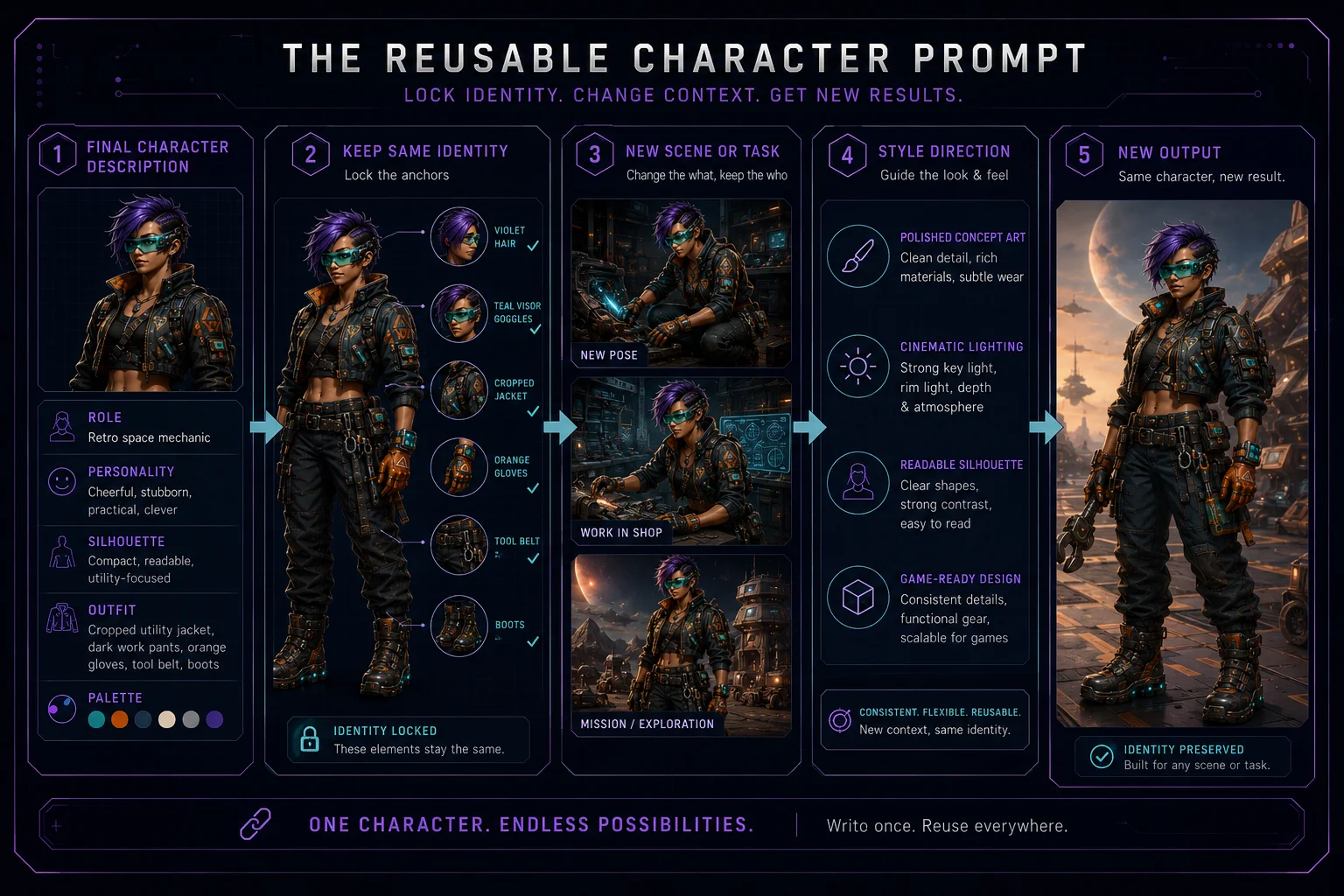 A reusable prompt keeps the identity fixed while allowing the scene, pose, or purpose to change. A reusable prompt keeps the identity fixed while allowing the scene, pose, or purpose to change.