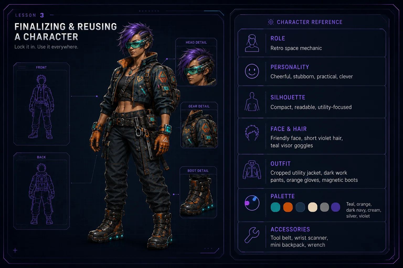 A final character description translates the visual sheet into reusable prompt language. A final character description translates the visual sheet into reusable prompt language.