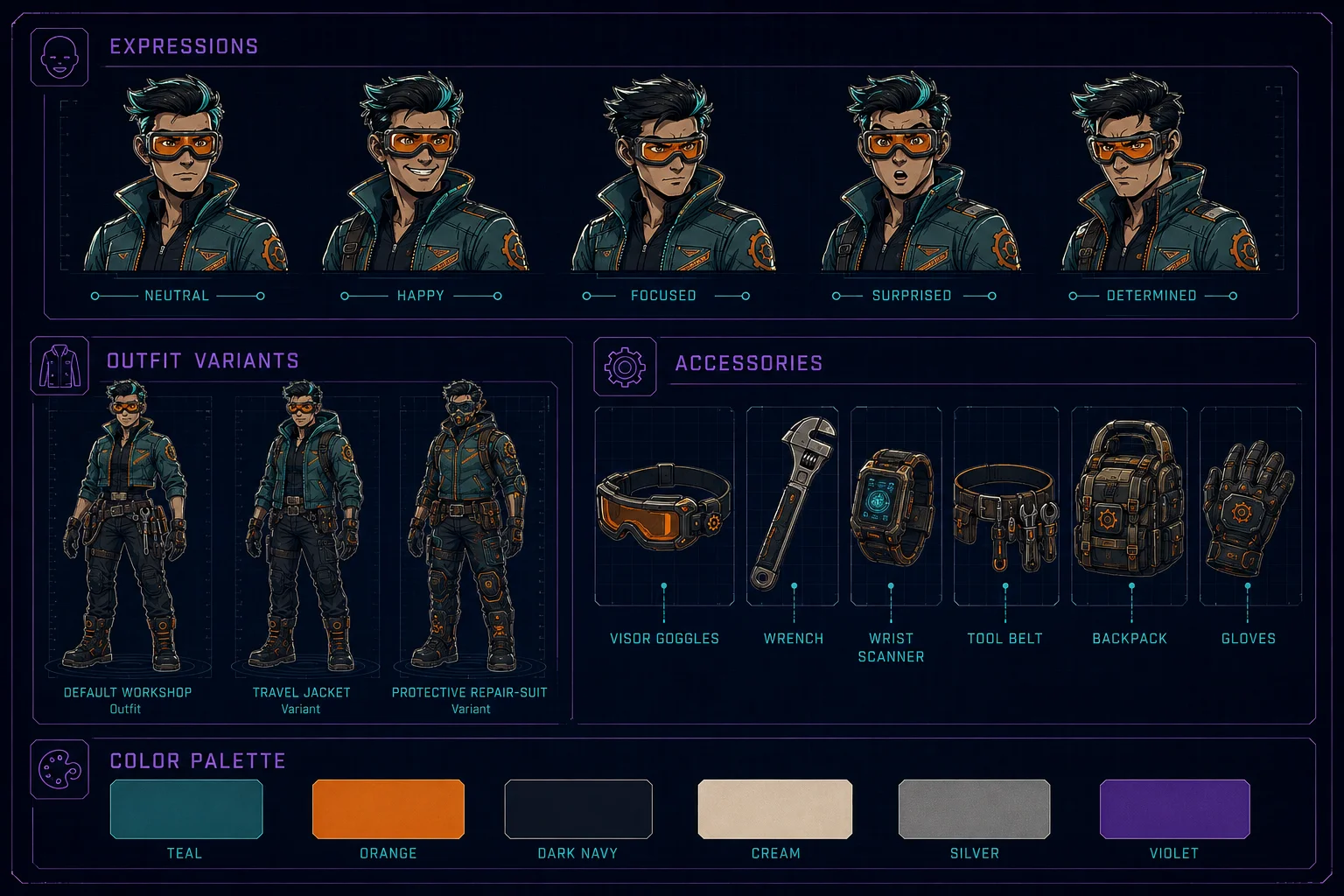 Expressions, variants, accessories, and palette make the character flexible while preserving the same identity. Expressions, variants, accessories, and palette make the character flexible while preserving the same identity.