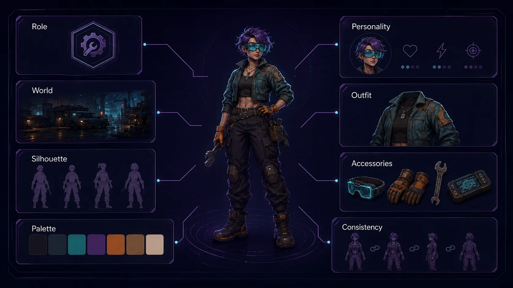 A character identity brief connects personality, visual design, and consistency rules into one reusable foundation.