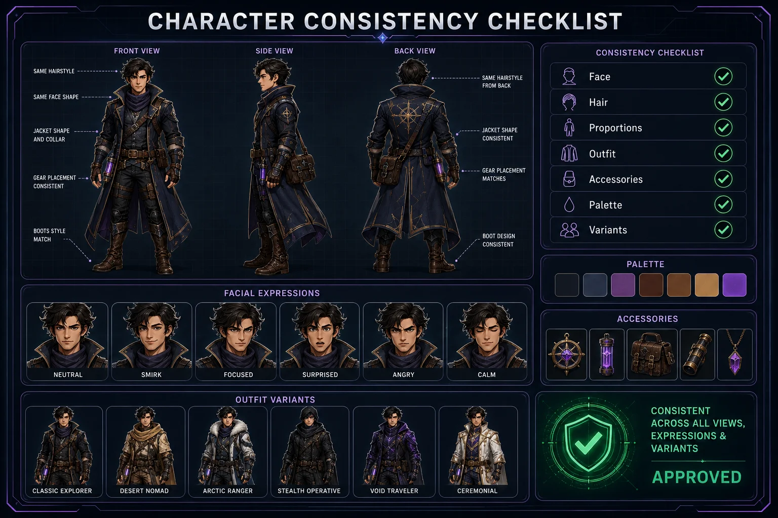 Consistency means the character still feels like the same person across views, expressions, and outfit variants. Consistency means the character still feels like the same person across views, expressions, and outfit variants.