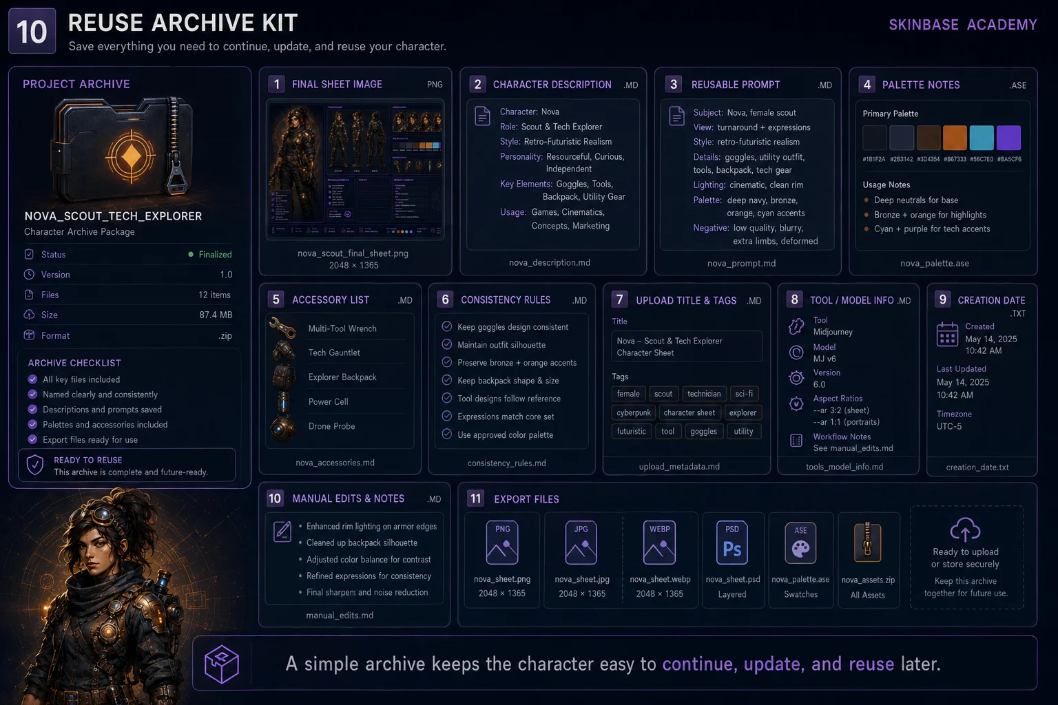 A simple archive keeps the character easy to continue, update, and reuse later. A simple archive keeps the character easy to continue, update, and reuse later.