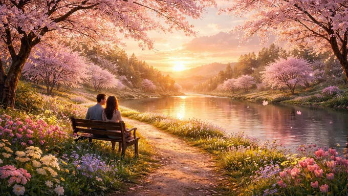 Romantic Spring Sunset by the Blossom River