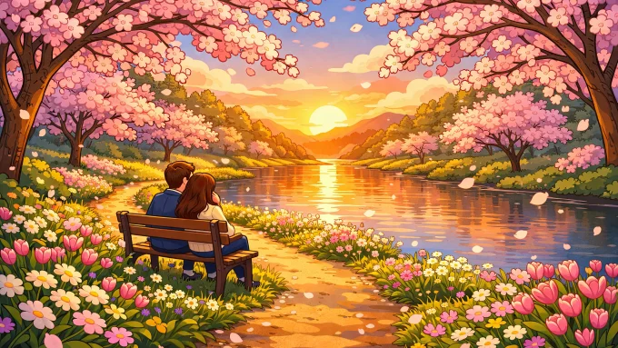 Romantic Spring Sunset by the Blossom River Illustration