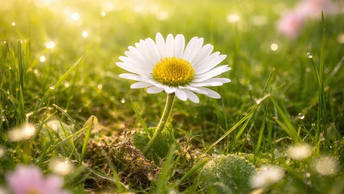 Single White Daisy in Morning Spring Light