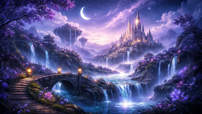 Moonlit Enchanted Waterfalls of the Fantasy Realm