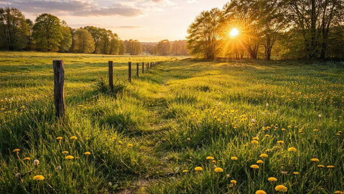 Golden Spring Meadow Path at Sunset