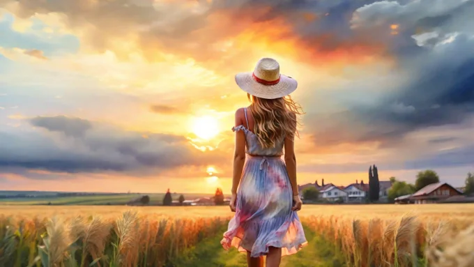 Woman in a Wheat Field at Sunset