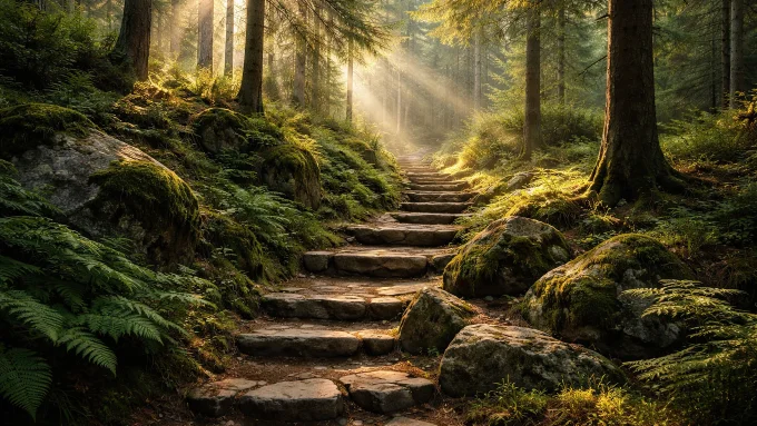 Sunlit Forest Stone Path in a Dreamy Woodland
