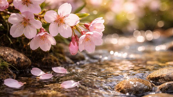 Cherry Blossoms Over a Sunlit Spring Stream