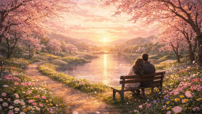 Romantic Cherry Blossom Sunset by the Spring River