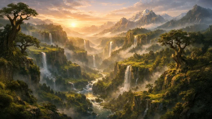 Sunlit Valley of Cascading Falls in Fantasy Realms
