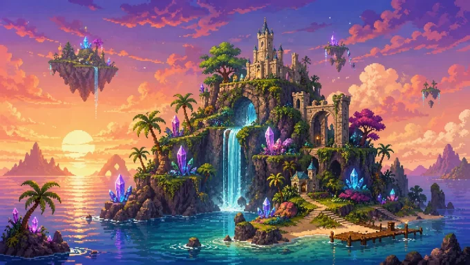 Crystal Island Castle at Sunset