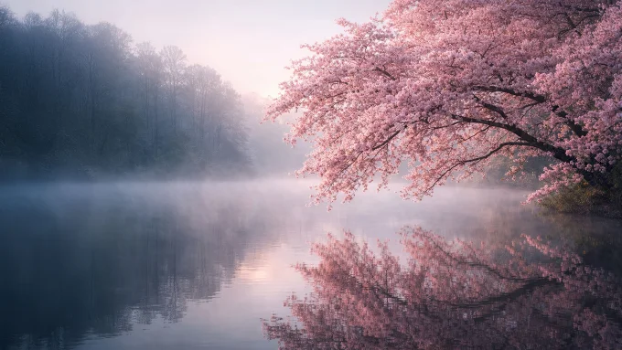 Pink Spring Blossom Mountains at Sunrise