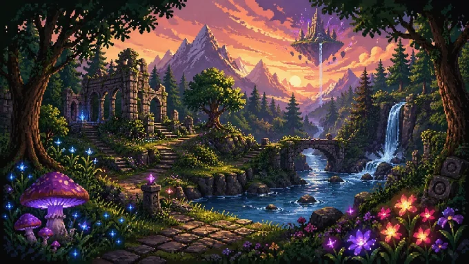 Enchanted Pixel Realm at Sunset
