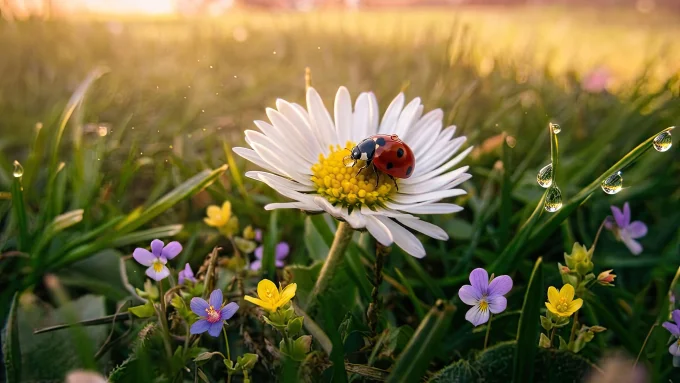 Ladybug on a Daisy at Golden Spring Sunrise