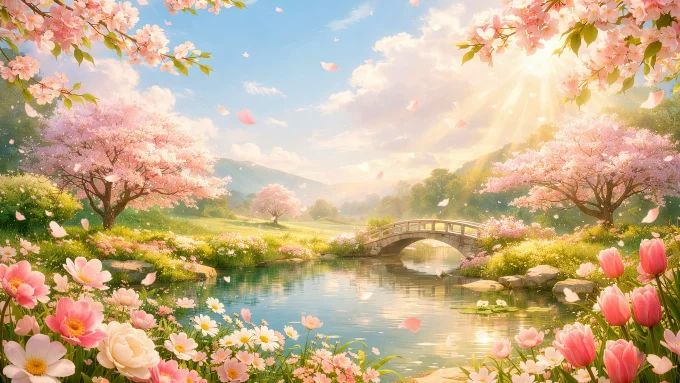 Dreamy Spring Blossom Garden by a Sunlit Pond