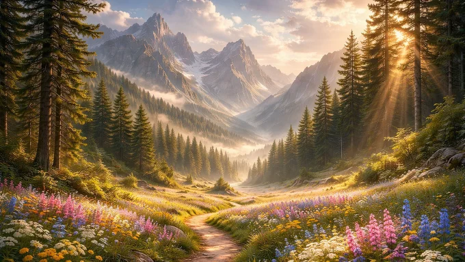 Sunlit Alpine Spring Meadow Path
