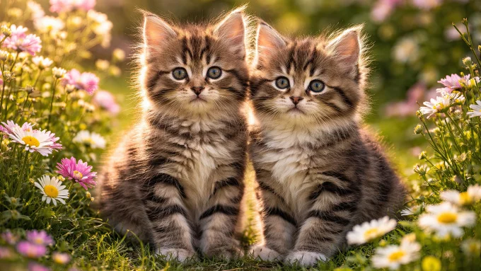 Two Fluffy Spring Kittens in a Flower Meadow