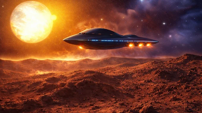 Spaceship Flying Over A Rocky Landscape