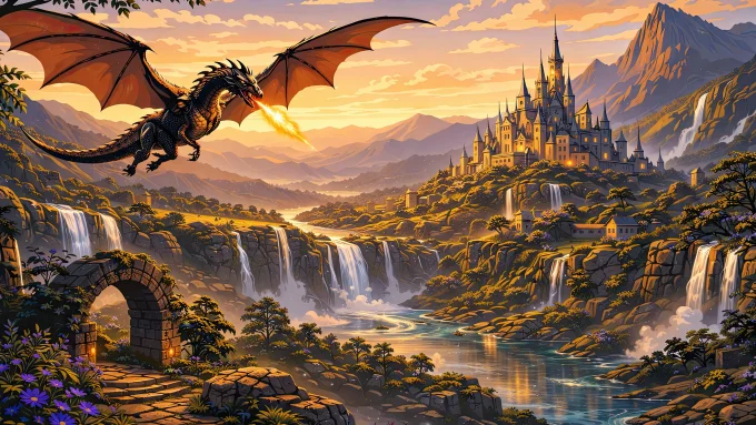 Dragon Over the Golden Kingdom of Fantasy Realms