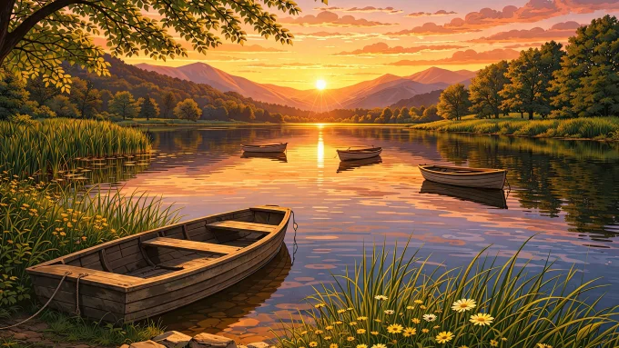 Golden Spring Sunset Lake with Rowboats