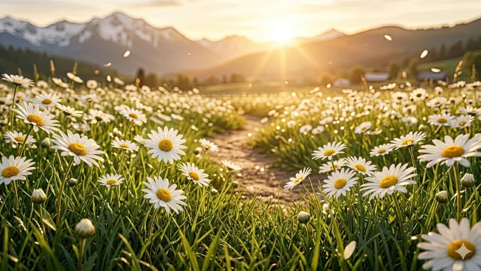 Sunlit Daisy Meadow Path at Spring Sunrise