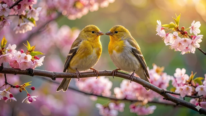 Two Golden Songbirds on Cherry Blossoms at Spring Sunrise