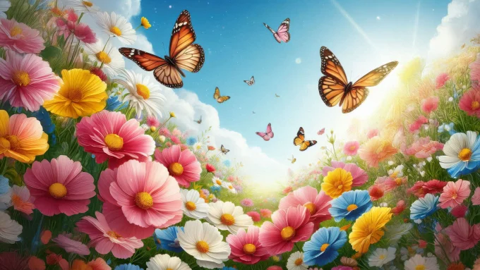 Butterflies in a Blooming Spring Meadow