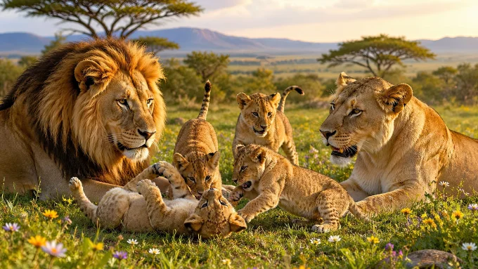 Lion Family in the African Meadow
