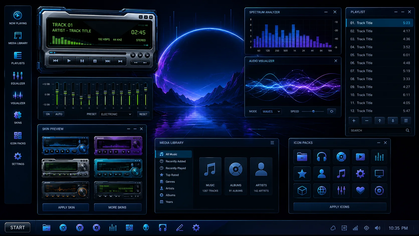 Retro desktop scene showing CDs being converted into MP3 files, organized folders, music library windows, ID3 tags, and playlist management.