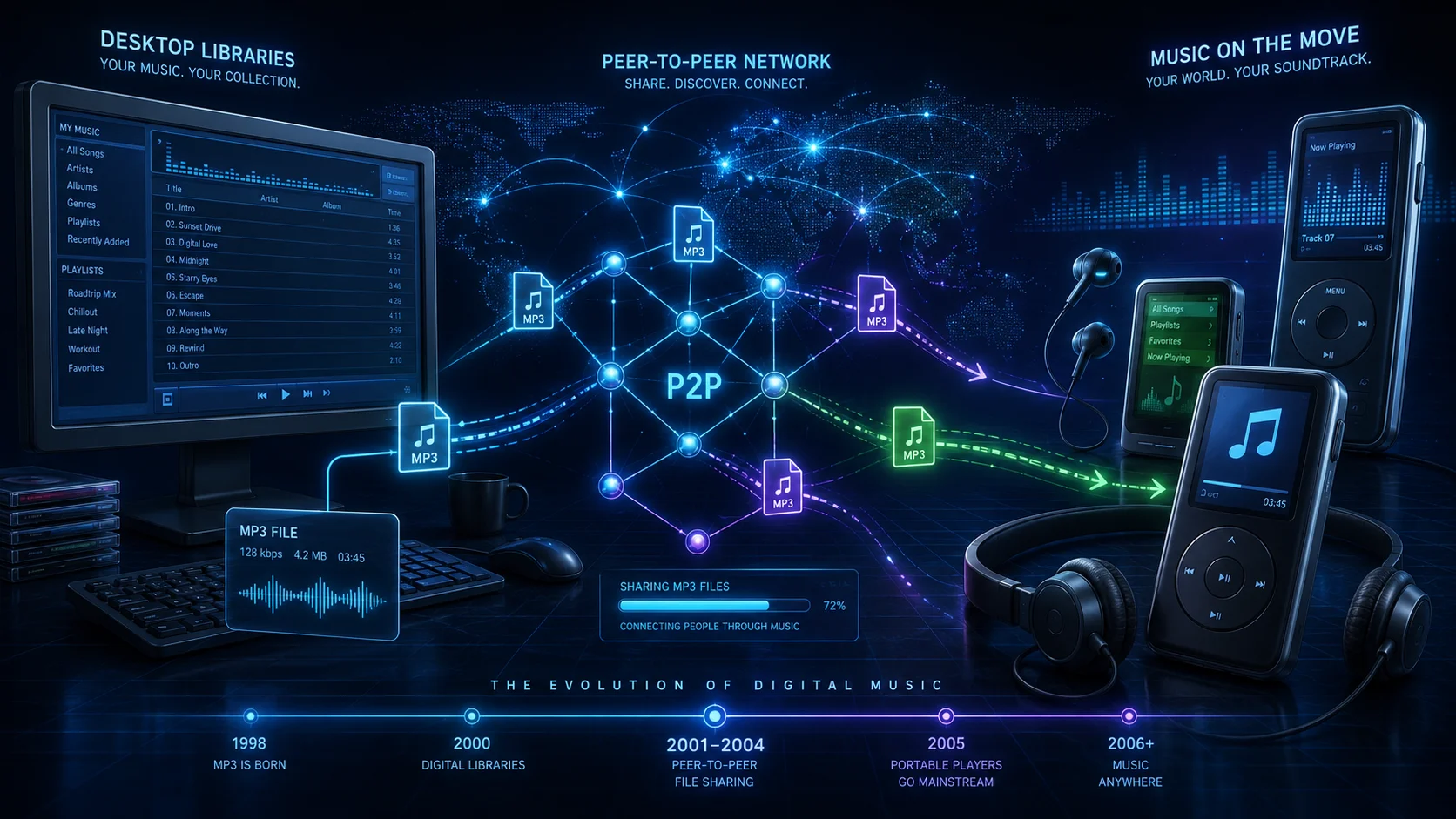 Digital music network scene showing MP3 files moving from desktop computers through file sharing networks into portable music players.