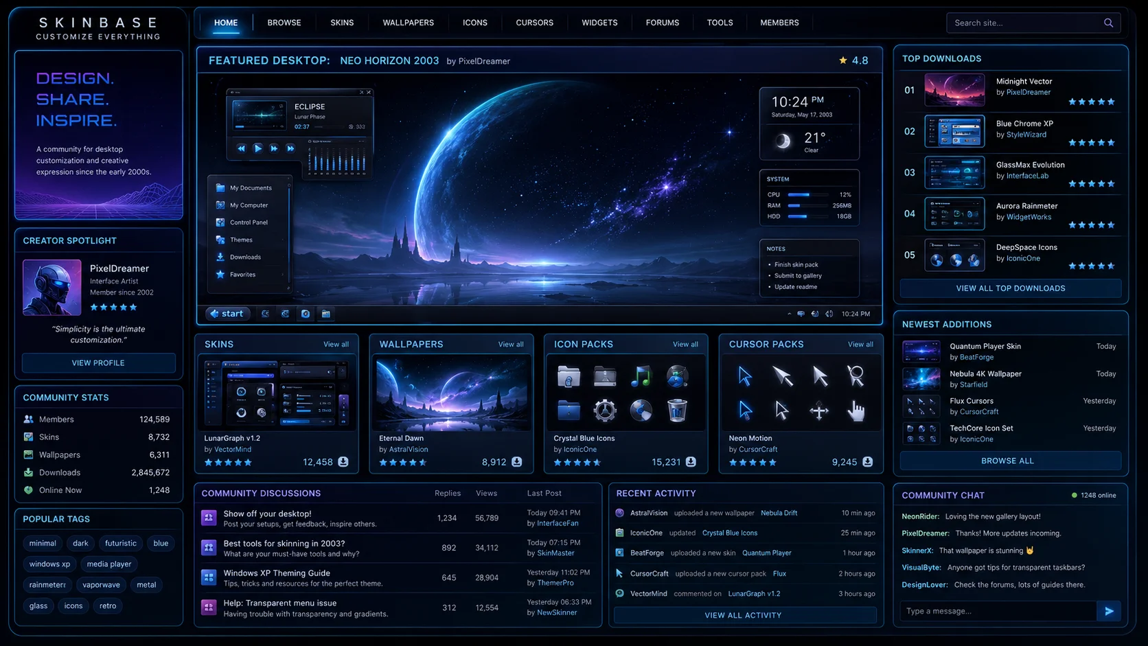 Digital customization community scene showing desktop screenshots, skin galleries, download cards, comments, ratings, creator profiles, and interface previews.