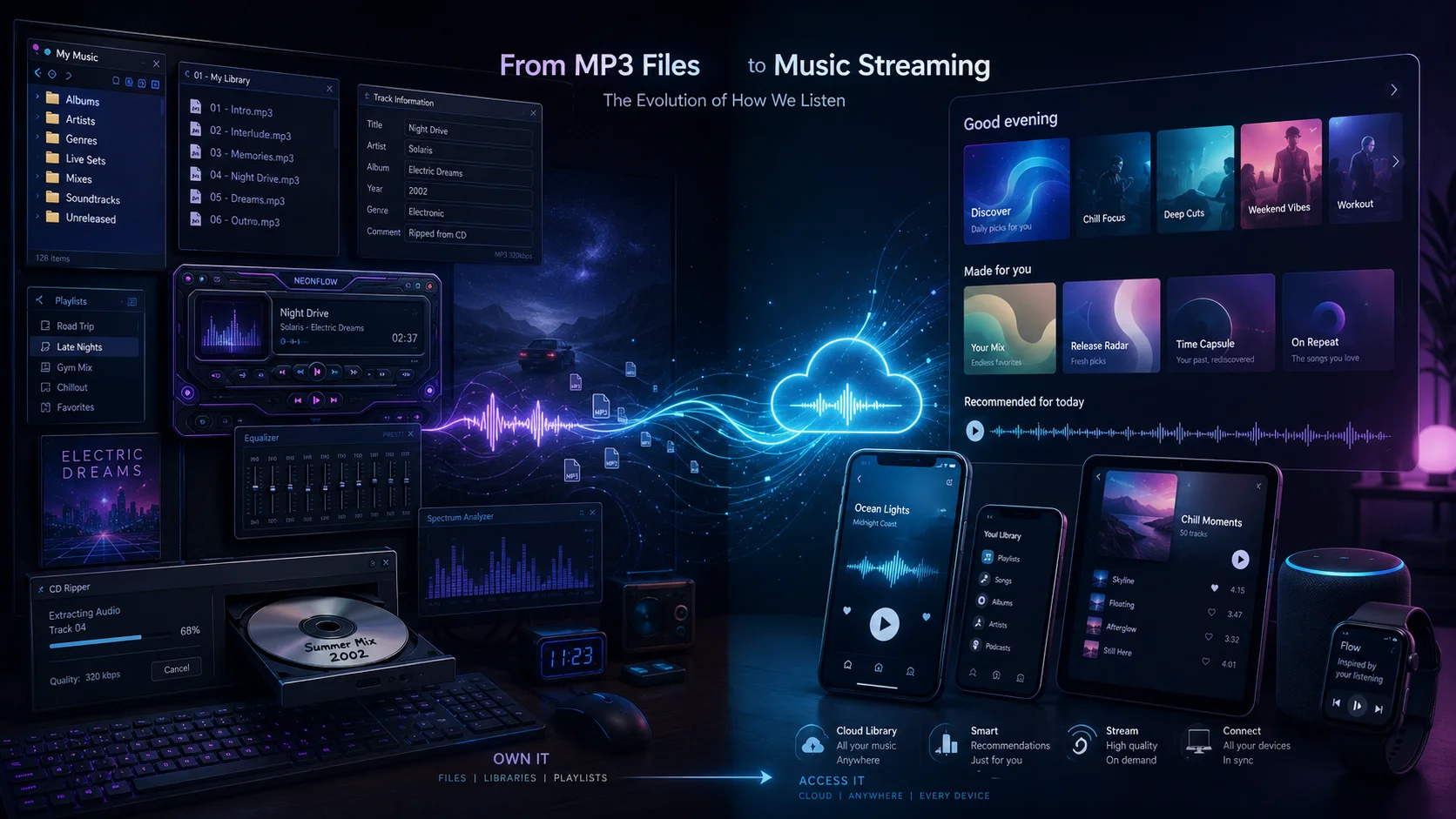 Split-screen image showing a personal MP3 library on one side and modern cloud streaming music access on the other.