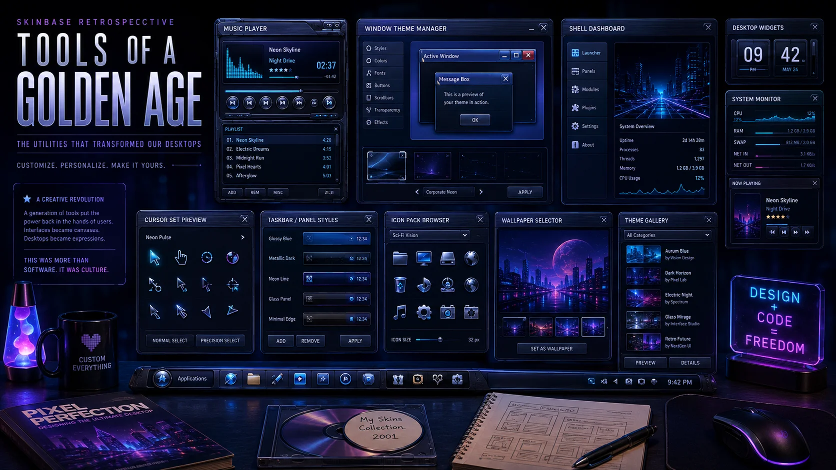 Collage of classic desktop customization tools showing skinned media players, window themes, shell replacements, widgets, custom cursors, taskbars, icon packs, and system monitors.
